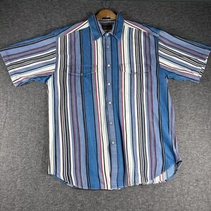 Vtg 90s Plainsman Western Pearl Snap Shirt Mens L Blue Striped S/S Cowboy Rodeo